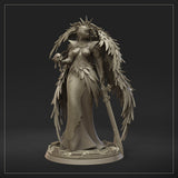 Low-angle render of Seraph Ophiel highlighting the decorative base featuring scattered ruins and arcane stonework, with wings sweeping outward above. By Dungeons & Maidens.