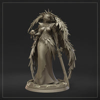 Low-angle render of Seraph Ophiel highlighting the decorative base featuring scattered ruins and arcane stonework, with wings sweeping outward above. By Dungeons & Maidens.