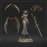 Full-figure render of Seraph Ophiel miniature showing the complete silhouette — spread wings, scale-mail skirt, sword, skull, and spiked halo — against a neutral background. By Dungeons & Maidens.