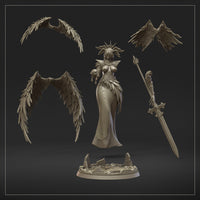 Full-figure render of Seraph Ophiel miniature showing the complete silhouette — spread wings, scale-mail skirt, sword, skull, and spiked halo — against a neutral background. By Dungeons & Maidens.