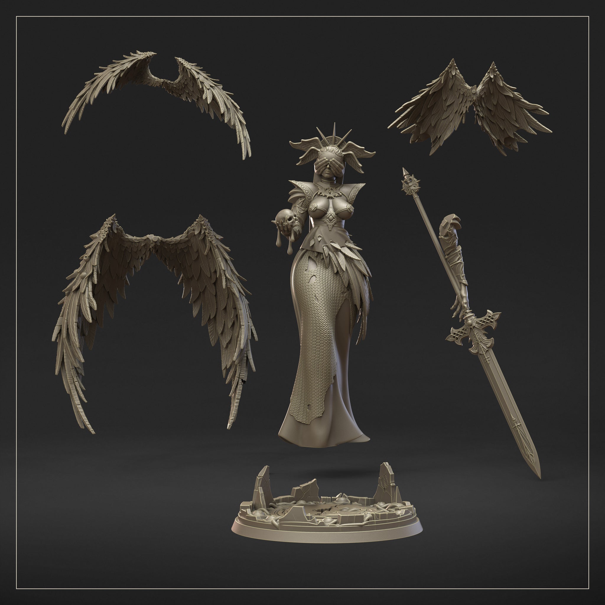 Full-figure render of Seraph Ophiel miniature showing the complete silhouette — spread wings, scale-mail skirt, sword, skull, and spiked halo — against a neutral background. By Dungeons & Maidens.