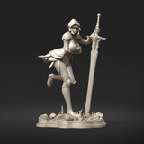 Digital render of Knight Brienne miniature, front-facing view — unpainted grey resin, female armoured warrior in articulated plate with bascinet helm, one leg raised mid-stride, holding an ornate greatsword aloft in her right hand, base scattered with skulls and rubble