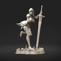 Digital render of Knight Brienne miniature, front-facing view — unpainted grey resin, female armoured warrior in articulated plate with bascinet helm, one leg raised mid-stride, holding an ornate greatsword aloft in her right hand, base scattered with skulls and rubble