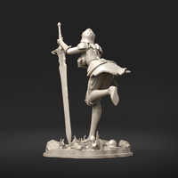 Digital render of Knight Brienne miniature, rear three-quarter view — unpainted grey resin showing braided detail on helm, billowing surcoat, articulated back plate, and full-length ornate greatsword planted beside her on a skull-strewn rubble base