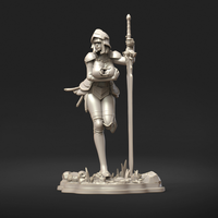 Digital render of Knight Brienne miniature, front three-quarter view — unpainted grey resin, standing pose with weight on right leg, greatsword raised in right hand, ornate breastplate with decorative clasp visible, rubble and grass-tufted base with scattered bones
