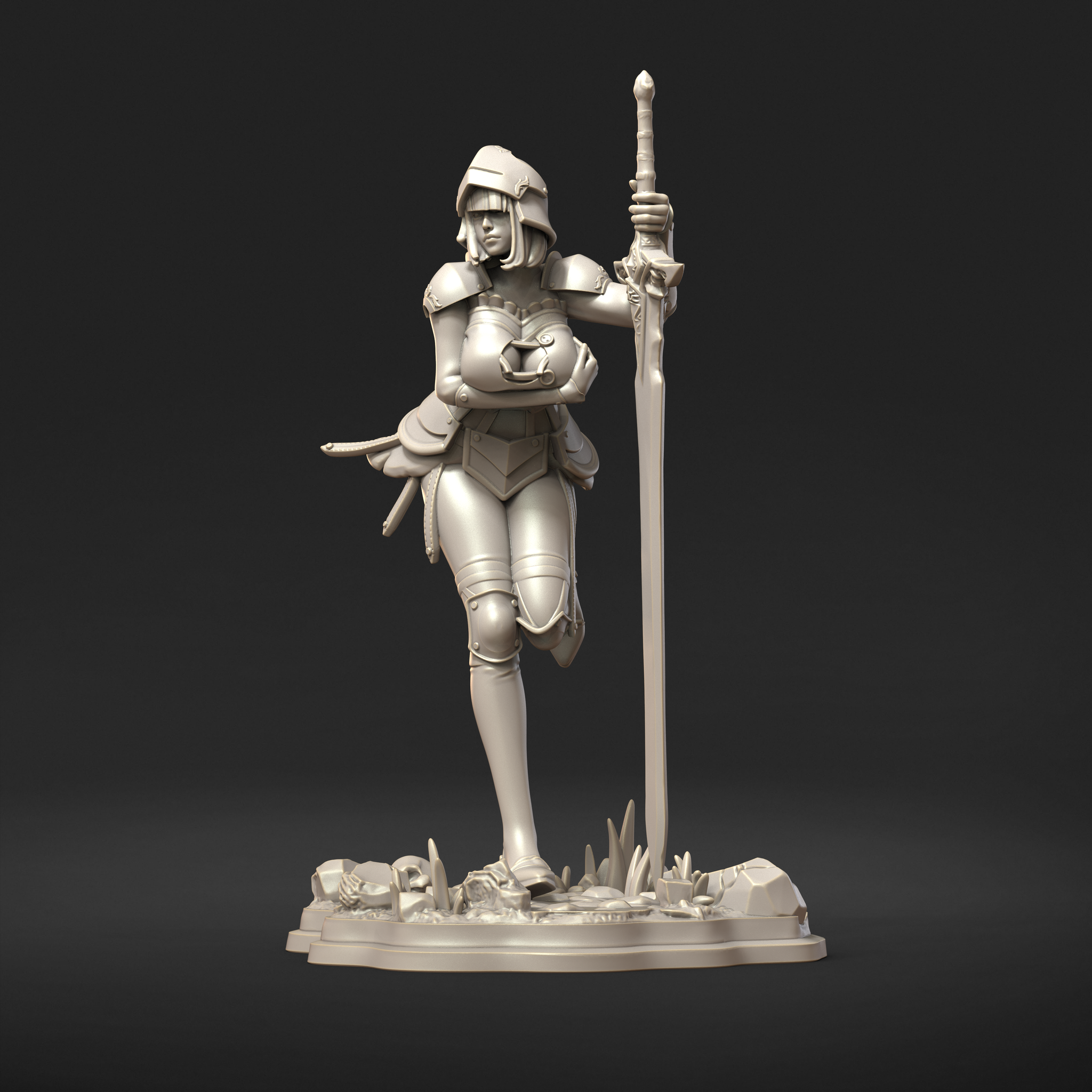 Digital render of Knight Brienne miniature, front three-quarter view — unpainted grey resin, standing pose with weight on right leg, greatsword raised in right hand, ornate breastplate with decorative clasp visible, rubble and grass-tufted base with scattered bones