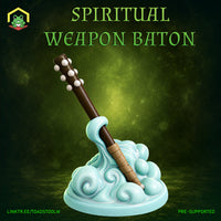 A wooden baton rising at a diagonal angle from a swirling, wave-like cloud base. The baton has tuning-peg detailing at its top end and wrapped grip at the base. The cloud formation is fluid and dynamic with deep curling scrollwork. Sculpt by The Toadstool Weaver.