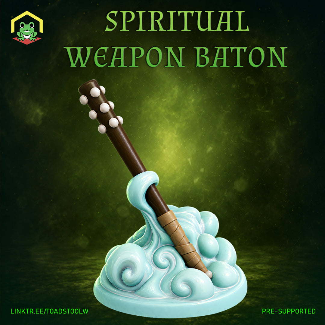 A wooden baton rising at a diagonal angle from a swirling, wave-like cloud base. The baton has tuning-peg detailing at its top end and wrapped grip at the base. The cloud formation is fluid and dynamic with deep curling scrollwork. Sculpt by The Toadstool Weaver.