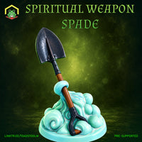 A spectral spade rises upright from a swirling base of billowing cloud-like mist. The spade features a broad pointed blade, folding joints at the shaft, and a wooden handle. Sculpt by The Toadstool Weaver.