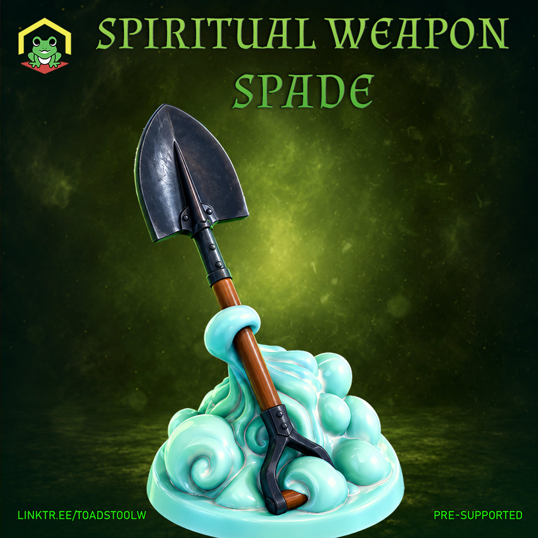 A spectral spade rises upright from a swirling base of billowing cloud-like mist. The spade features a broad pointed blade, folding joints at the shaft, and a wooden handle. Sculpt by The Toadstool Weaver.