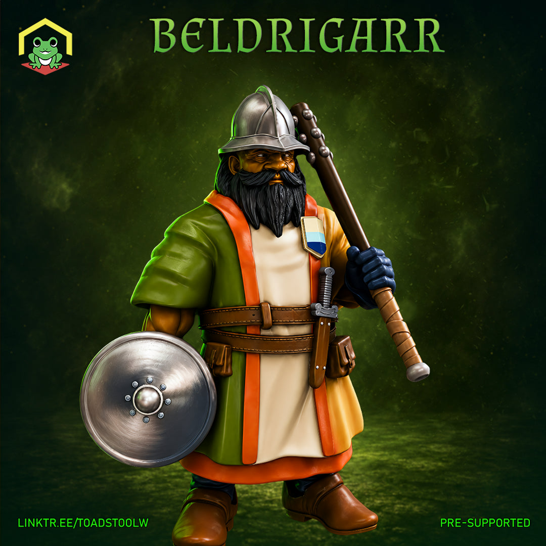 Stocky bearded guardsman in a conical nasal helm, holding a flanged mace over one shoulder and a round buckler at his side, wearing a layered green and cream surcoat with orange lining and leather belt. Sculpt by The Toadstool Weaver.