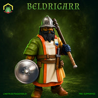 Stocky bearded guardsman in a conical nasal helm, holding a flanged mace over one shoulder and a round buckler at his side, wearing a layered green and cream surcoat with orange lining and leather belt. Sculpt by The Toadstool Weaver.
